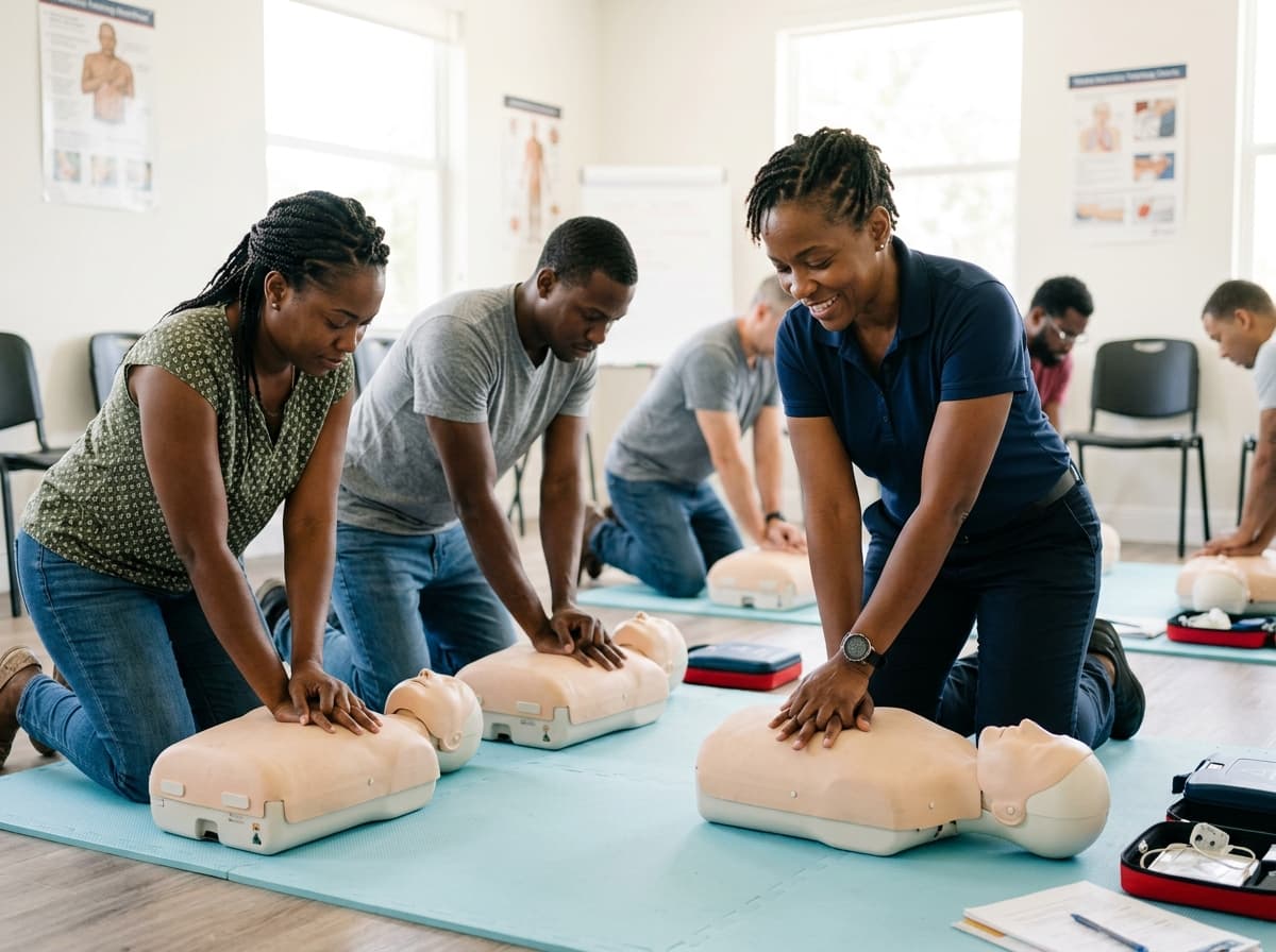Instructor guiding students through hands-on CPR practice