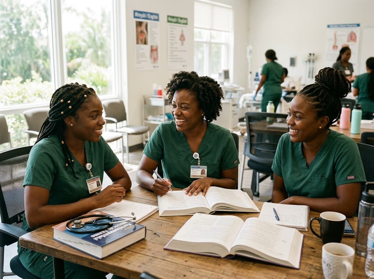 Nursing students in green scrubs studying together at our Miramar training center